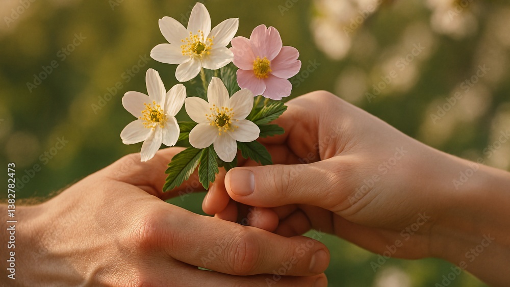 Man presenting a small bouquet of delicate white and pink wood anemones to a woman on a sunny spring day, symbolizing love, care, and heartfelt appreciation in a beautiful moment Man presenting a small bouquet of delicate white and pink wood anemones to a woman on a sunny spring day, symbolizing love, care, and heartfelt appreciation in a beautiful moment