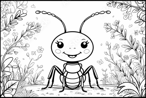 A line of cute cartoon ants, ready to be colored.