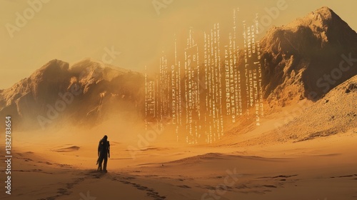 Obraz na płótnie Astronaut Exploring Desert Landscape with Mysterious Data Overlay Visual w salonie