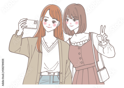 スマホでセルカを撮っている女性二人のイラスト