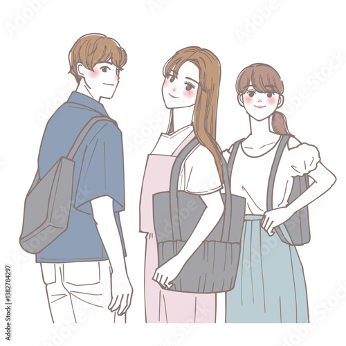 振り返っている爽やかな大学生たちのイラスト