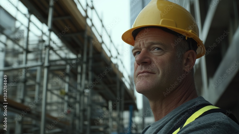 A construction worker in a hard hat overseeing a site. Featuring leadership and oversight A construction worker in a hard hat overseeing a site. Featuring leadership and oversight