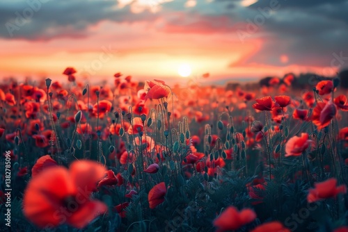 Vibrant sunset over a blooming field of poppies with rich colors during golden hour