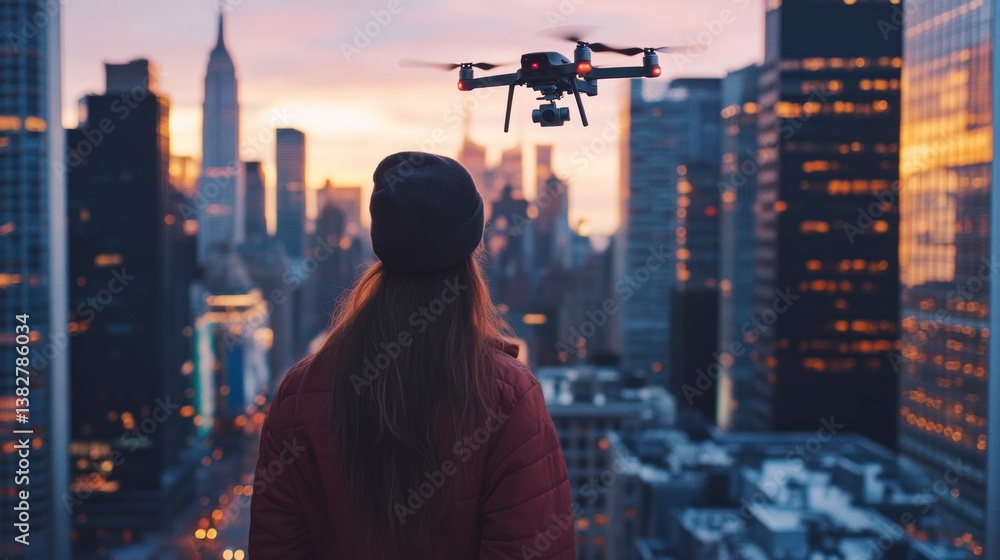 Woman Watching Flying Drone with City Skyline at Warm Sunset
