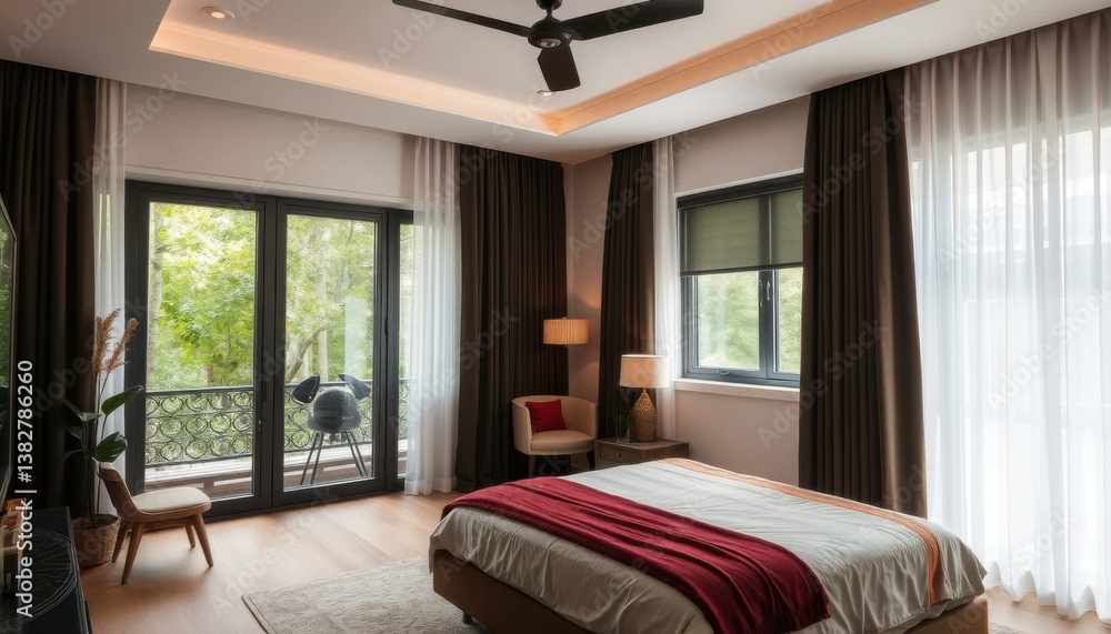 Modern Luxury Bedroom Interior Design with Large Windows and Red Blanket Modern Luxury Bedroom Interior Design with Large Windows and Red Blanket