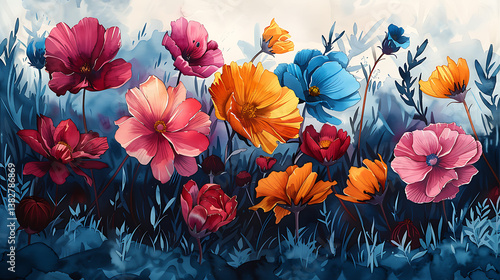 Wallpaper Mural watercolor illustration of colorful flowers in wide border - Generative AI Torontodigital.ca