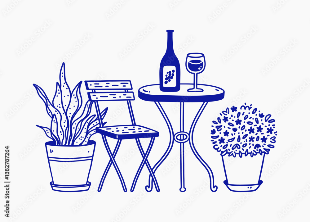 Naklejka premium Summer street cafe, restaurant scene. Garden furniture with potted plants.