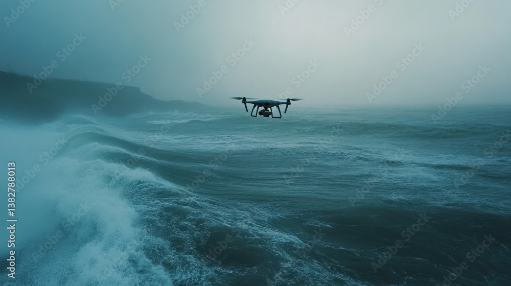 Drone Flying Above Choppy Ocean Waves on Overcast Day Aerial