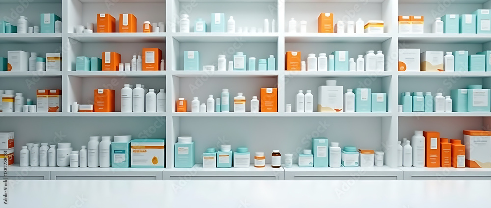 Pharmacy drugstore empty mockup counter table health products and medications, showcasing accessibility and organization in a modern pharmacy setup. Pharmacy drugstore empty mockup counter table health products and medications, showcasing accessibility and organization in a modern pharmacy setup.