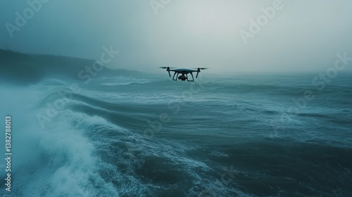 Obraz na płótnie Drone Flying Above Choppy Ocean Waves on Overcast Day Aerial w salonie