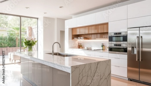 Modern White Kitchen with Marble Island and Stainless Steel Appliances