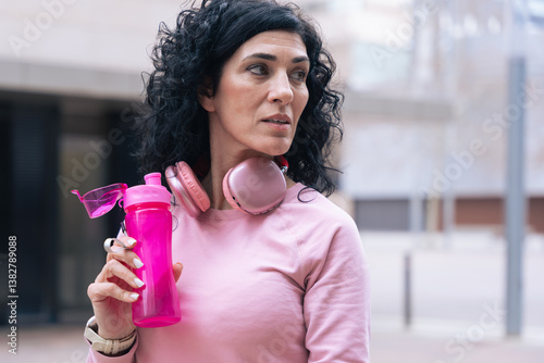 Caucasian athletic woman wearing a pink hoodie and headphones around her neck holds a pink water bottle. She stands in an urban setting, appearing thoughtful and focused after a workout. 