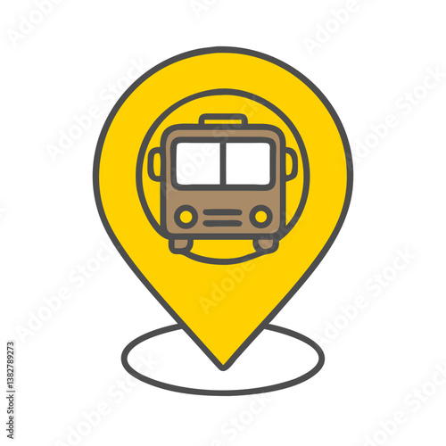 Yellow bus icon with location pin symbol on white background