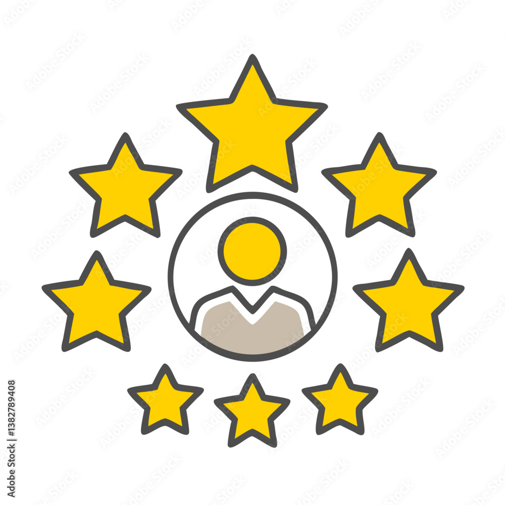 Customer satisfaction icon featuring centralized figure and yellow stars Customer satisfaction icon featuring centralized figure and yellow stars