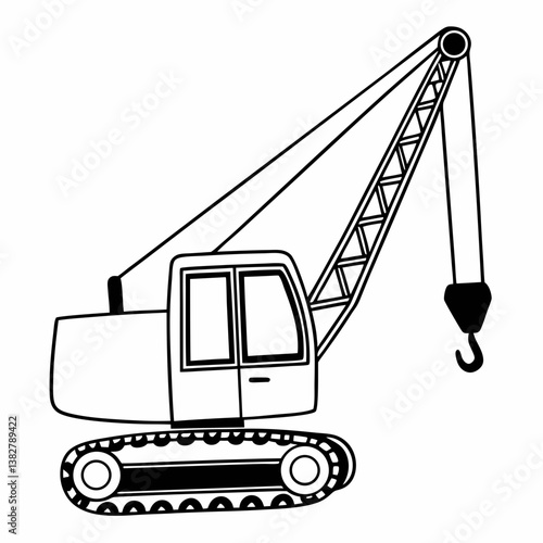 Simple line drawing of a construction crane with hook on tracks