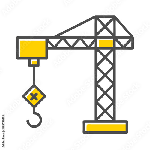 Iconic yellow construction tower crane with hook symbol