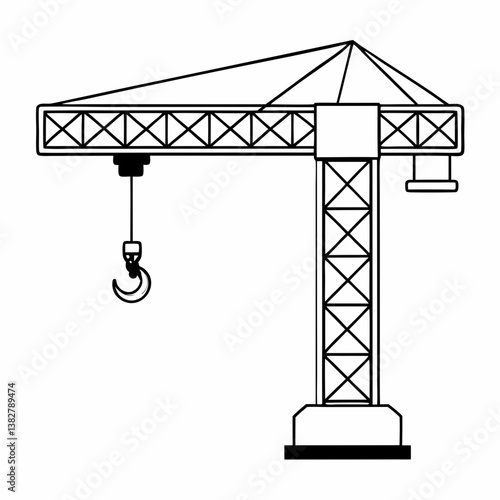 철골 구조와 후크 디테일이 있는 흑백 건설 크레인 일러스트