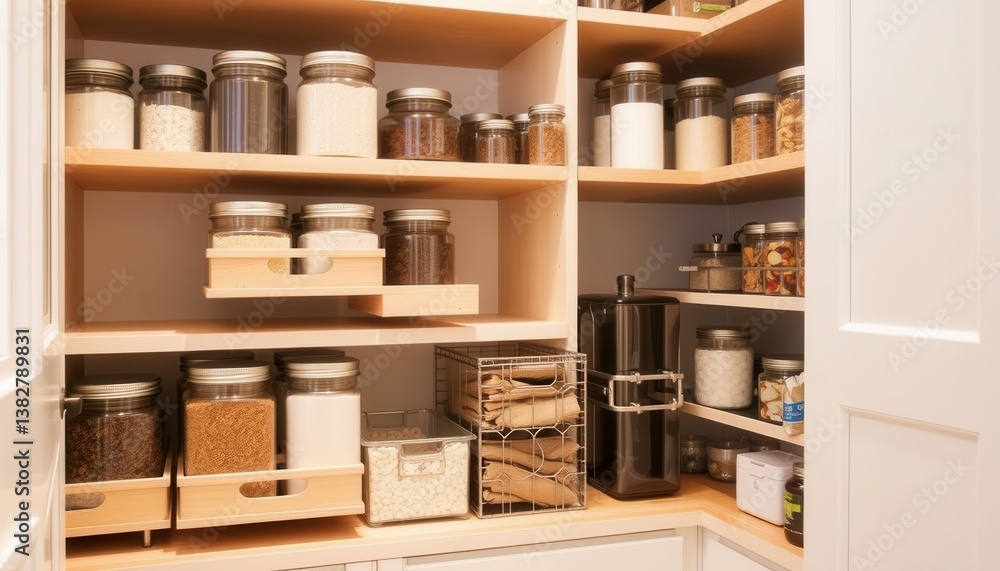 Organized Pantry with Glass Jars and Wooden Shelves Organized Pantry with Glass Jars and Wooden Shelves