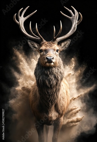 Stag Wild Animal Elegant Dramatic Portrait On A Mist Dark Background