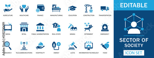 Sector of Society Icon Set  A versatile icon set representing key societal sectors, including healthcare, finance, education, agriculture, telecommunications, IT, energy, and more.