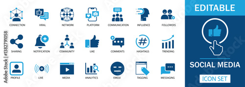 Social Media Icon Set  Editable icons for connection, networking, likes, comments, hashtags, messaging, and more. Perfect for websites, apps, and digital marketing projects