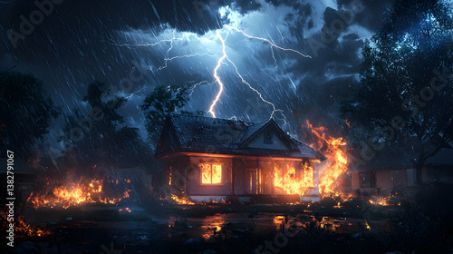 A family house in a stormy town struck by lightning, engulfed in flames amid fierce winds and heavy rain, with dramatic clouds and chaos, capturing nature’s destructive power.