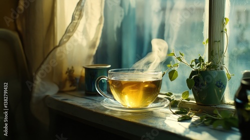 Steaming Herbal Tea in Glass Cup on Window Ledge with Plant