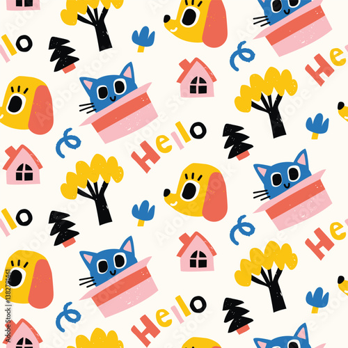 Vector colorful seamless baby pattern, print with different cartoon animals heads dogs, cats, trees, comets, meteorites for children, kids clothes, wear, apparel
