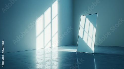 Fototapeta Naklejka Na Ścianę i Meble -  empty clean room with a mirror and sunlight entering from a window