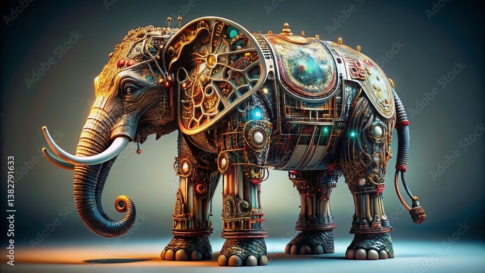 Fototapeta premium Mechanical Elephant Robot: Internal Circuits, High Depth of Field Stock Photo