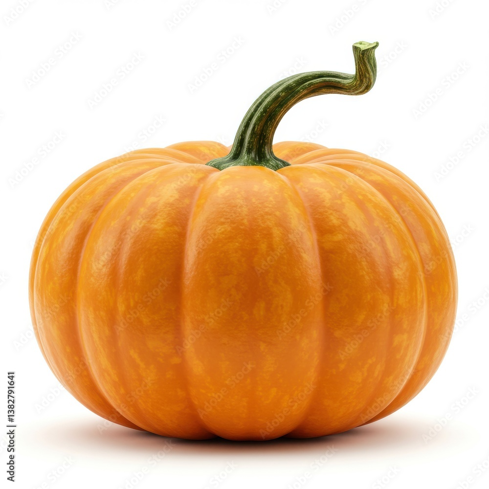Fototapeta premium Isolated image of a round orange pumpkin with a green stem on a plain white background studio shot
