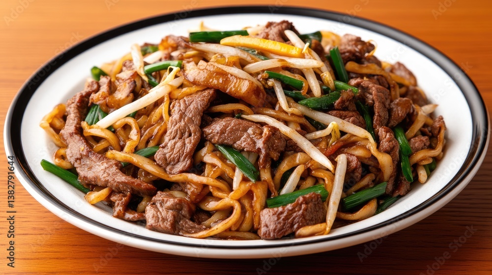 Korean-style noodles topped with beef, green onions, scallions, and served with a fresh bean sprout salad for a tasty meal Korean-style noodles topped with beef, green onions, scallions, and served with a fresh bean sprout salad for a tasty meal
