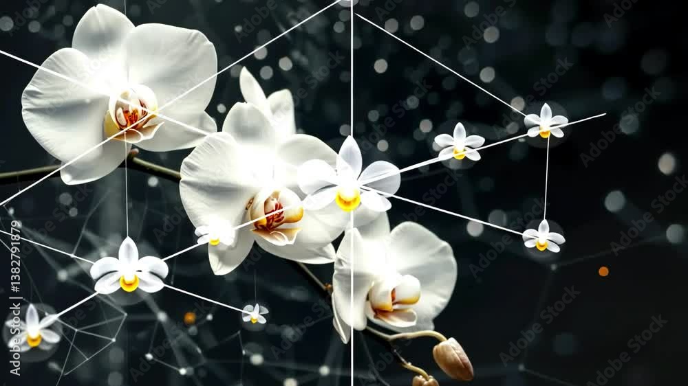  White orchids with a delicate structure of lines and light points on a dark background, suggesting a scientific or digital theme