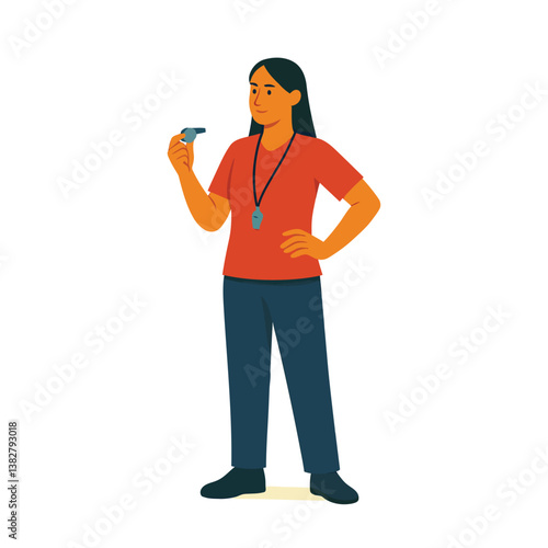 Flat style female sports coach holding whistle – vector illustration for training, fitness, and athletic competition concepts