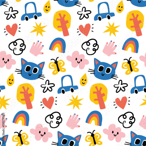 Vector colorful seamless baby pattern, print with different cartoon animals heads  cats, trees, car, cloud, hart, butterfly , rainbow  for children, kids clothes, wear, apparel