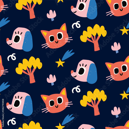 Vector colorful seamless baby pattern on black background, print with different cartoon animals heads dogs, cats, trees, comets, meteorites for children, kids clothes, wear, apparel