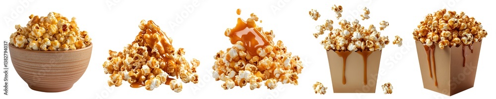 Melted dripping golden yellow caramel sugar syrup of Popcorn corn kernel grains, pile, brown takeaway paper bucket, bowl, flying scattered on transparent cutout PNG. Mockup template for design Melted dripping golden yellow caramel sugar syrup of Popcorn corn kernel grains, pile, brown takeaway paper bucket, bowl, flying scattered on transparent cutout PNG. Mockup template for design