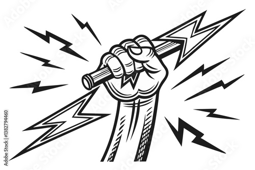 Vector illustration of powerful hand holding lightning bolt symbol for strength energy and electricity