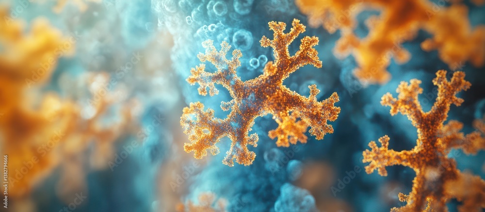 Microscopic orange and blue fractal structures.