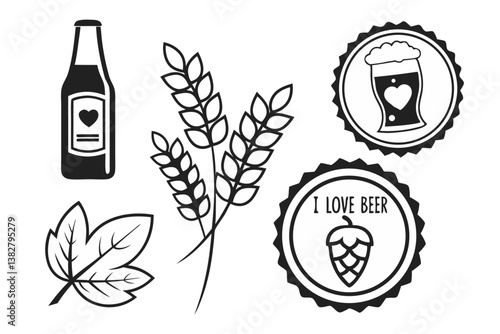 Collection Of Black Beer Brewing Elements Barley Bottle Stamp Illustration Multiple Objects Isolated On White Background