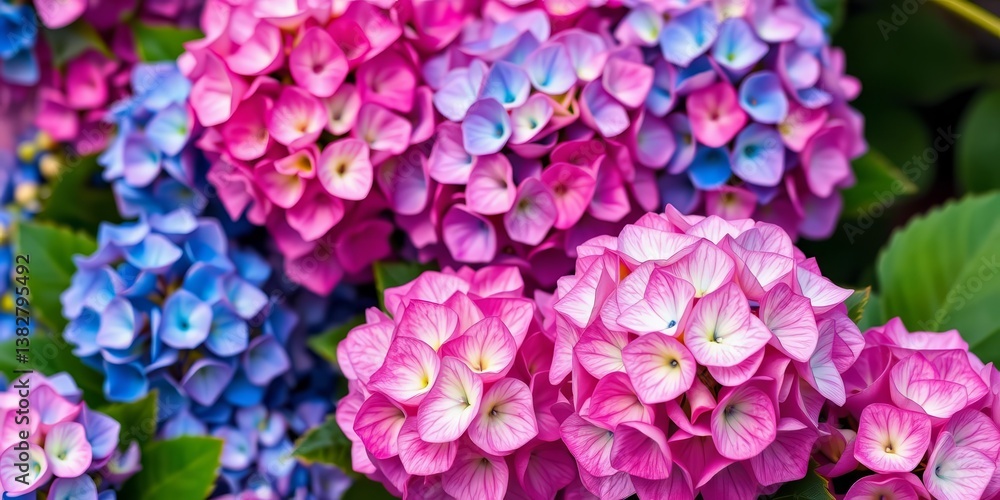 A vibrant gradient of pink, purple, and blue hydrangeas , background, blossom A vibrant gradient of pink, purple, and blue hydrangeas , background, blossom