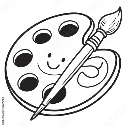 Cartoon Black And White Paint Palette Brush Art Supplies Illustration Multiple Objects Vector Design Isolated On White Background