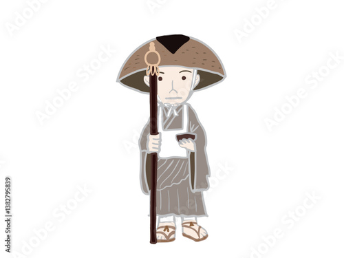 A full-body illustration of a traveling monk who begs for alms and practices.