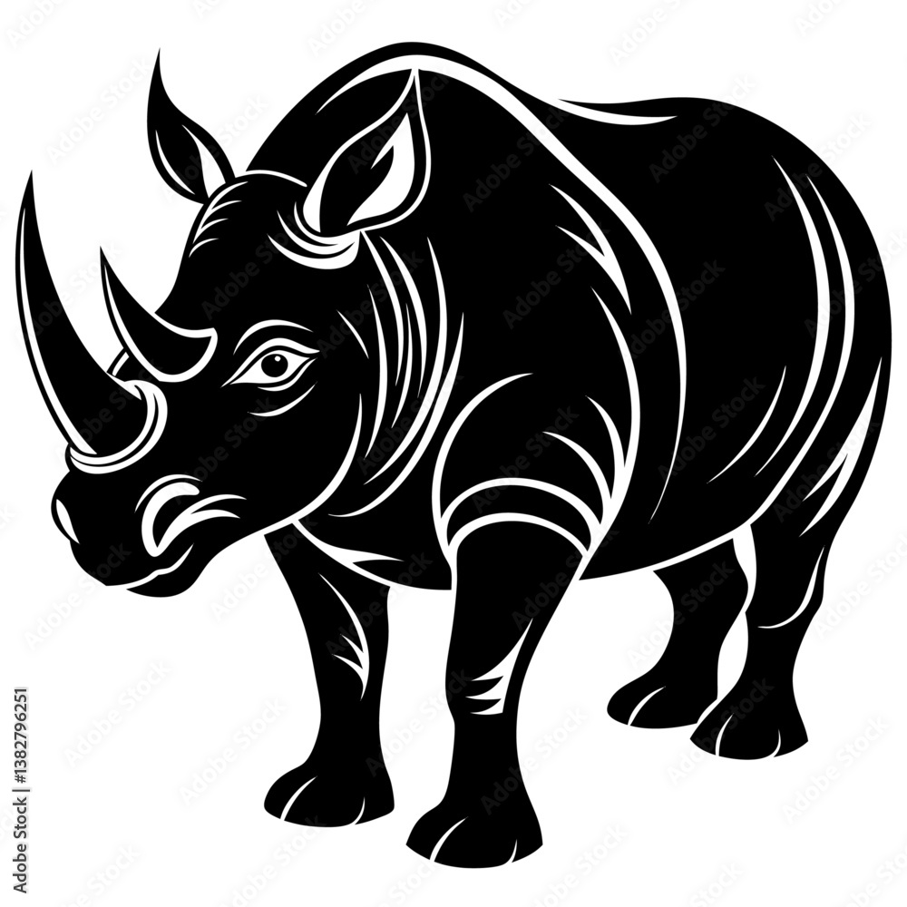 Fototapeta premium Powerful Black Rhinoceros Wildlife Animal Illustration Strong Horn Single Object Vector Design Isolated On White Background