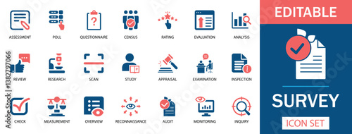 Survey Icon Set Featuring assessment, poll, questionnaire, census, rating, evaluation, research, audit, and more. Perfect for business, analytics, apps, and infographics. Professional and  editable.