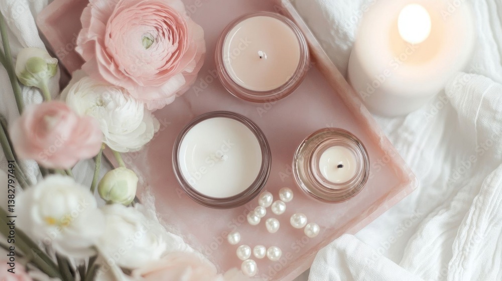 A rose quartz vanity tray with soft pink accents. A rose quartz vanity tray with soft pink accents.
