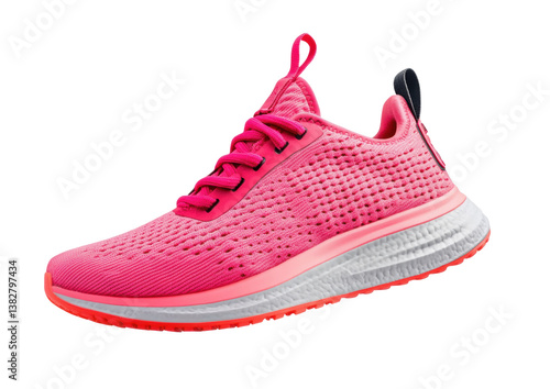 Bright pink athletic shoes with breathable mesh for running, cut out