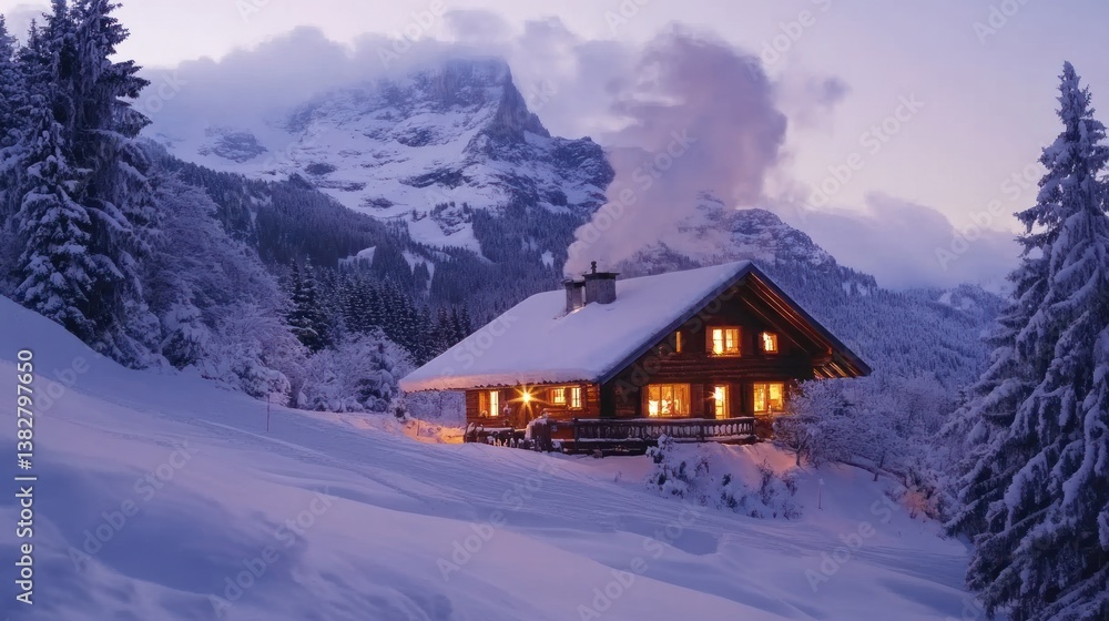 Winter Cabin in Snowy Mountain Landscape with Smoke Coming Out