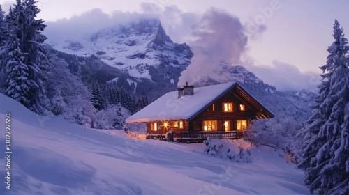Obraz na płótnie Winter Cabin in Snowy Mountain Landscape with Smoke Coming Out w salonie