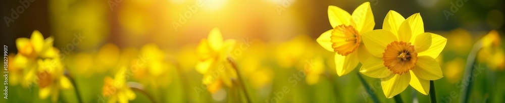 Close-up of blooming daffodils under warm sun rays in a field of green grass, warm, spring, daffodils Close-up of blooming daffodils under warm sun rays in a field of green grass, warm, spring, daffodils